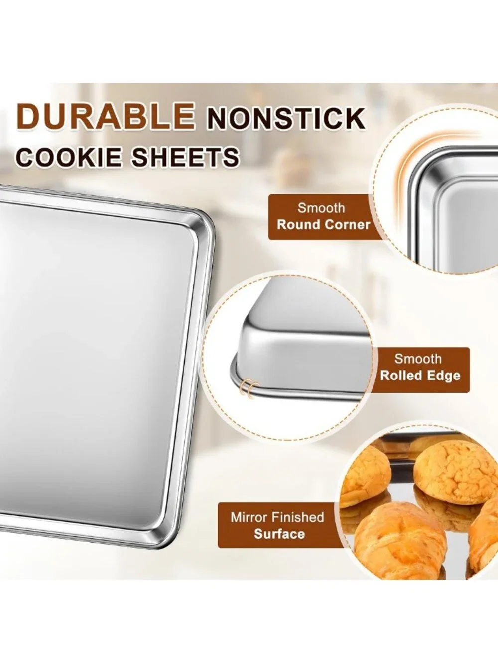 3-Piece Stainless Steel Baking Sheet Set - Heavy Duty, Nonstick, Rust Resistant